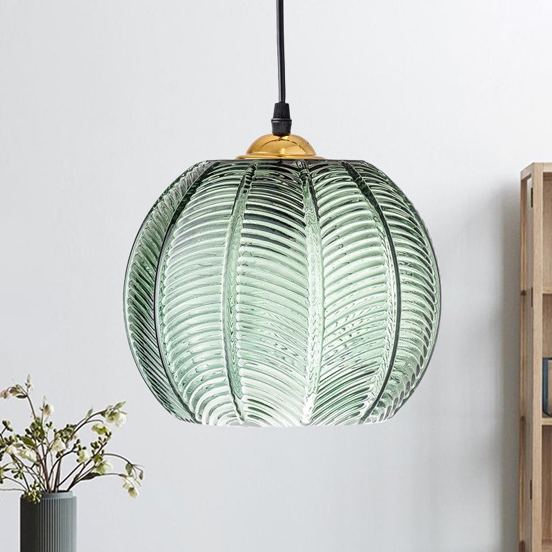Hailie Green Ribbed Glass Pendant Light, DIA 15CM